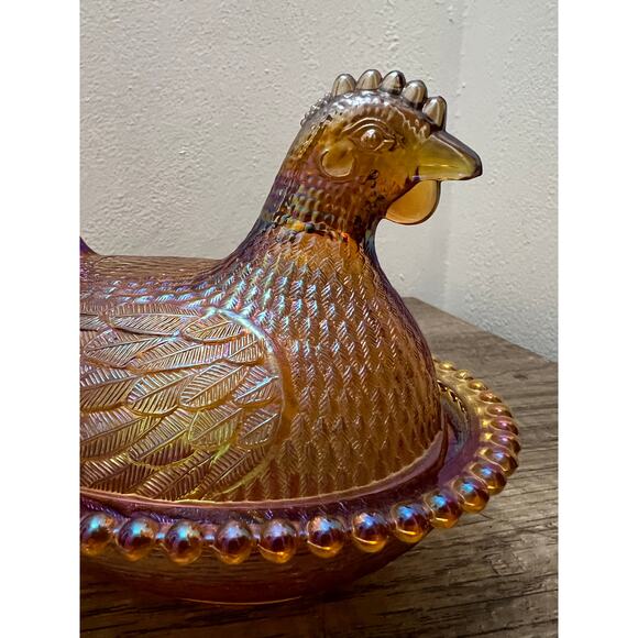 Indiana Glass Amber Iridescent Hen on Nest Dish Vintage Style Carnival Glass - Picture 8 of 16